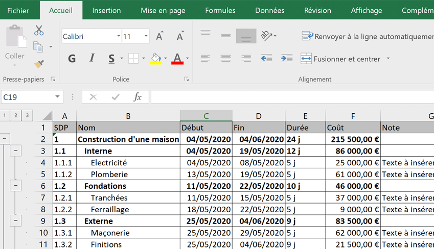 WBS Schedule Pro, exportation d'un WBS vers Excel, Work Breakdown Structure